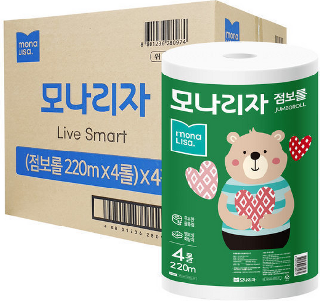 모나리자 점보롤 220m 화장지 롤화장지 휴지 (), 4롤, 4세트, 1cm