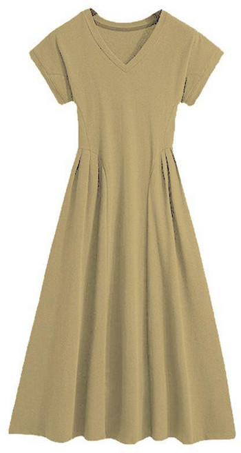 大碼連衣裙 V領收腰顯瘦長裙, 杏色,2XL, 杏色