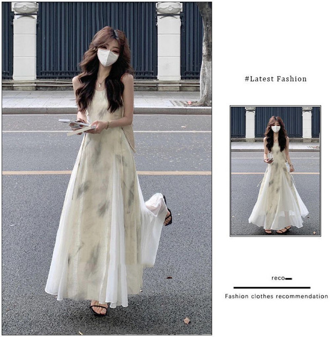 프렌치 여성 여름 민소매 원피스 슬림핏 끈나시 쉬폰 롱 원피스 데일리 날씬해 보이는 치마 ZZQ