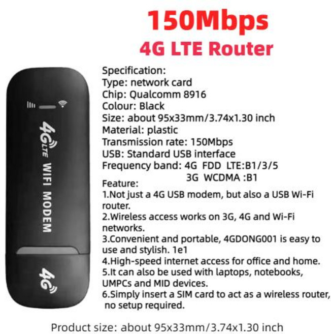 4G LTE 무선 휴대용 라우터 SIM 카드 슬롯 미니 야외 핫스팟 모바일 와이파이 라우터 차량용 포켓 와이파이 라우터, 1) USB Dongle, 1개