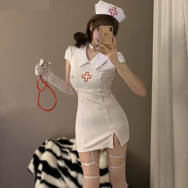 피치핑크 여성 간호사 코스프레 의상 할로윈 코스튬 파티복