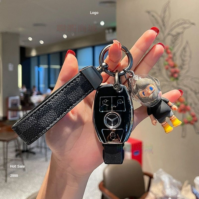 賓士車鑰匙套 適用於賓士, B款, 商務黑+格繩+黑衣男友