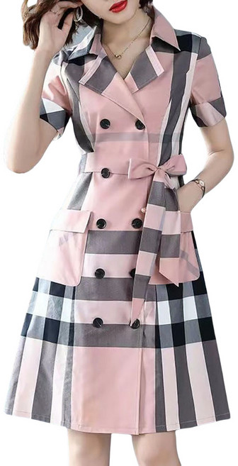 ROYALBELLE 여성 체크무늬 카라넥 셔츠 원피스 슬림핏 우아한 반팔 미디 원피스 V60105