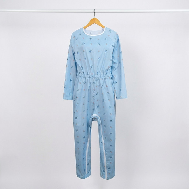 실버플라워 파란들꽃 사계절 100% 순면 노인 치매복 잠금장치 기능성 환자 우주요양복, 발목잠금지퍼, 100(중), 1개