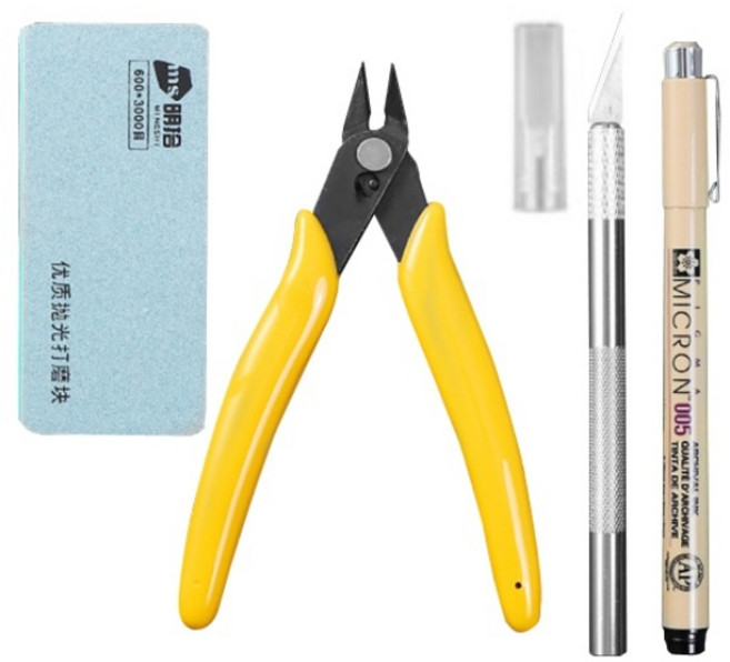 (예스하비)건프라 프라모델 먹선펜 니퍼 나이프 사포 공구세트 4종(PTS), 1세트