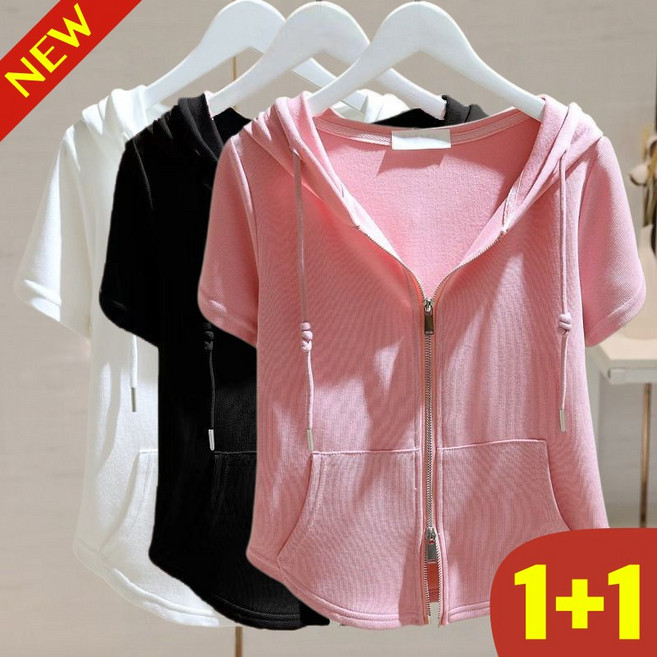 (26년 신상) 100kg까지 1+1 빅사이즈 여성 무지 슬림 후드집업 반팔 가디건 여름 편한 우아한 스포츠 날씬해보이는 코디 투지퍼 디자인 심플 유행하는 세련된 아우터 카디건