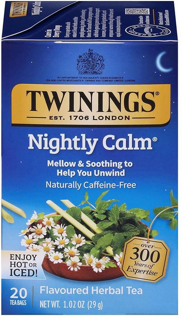Twinings Nightly Calm 허브 티 개별 포장 백 20개 (1팩) 스피아민트 및 레몬그라스 천연 카페인 프리 뜨겁거나 아이스 즐기기, 1개