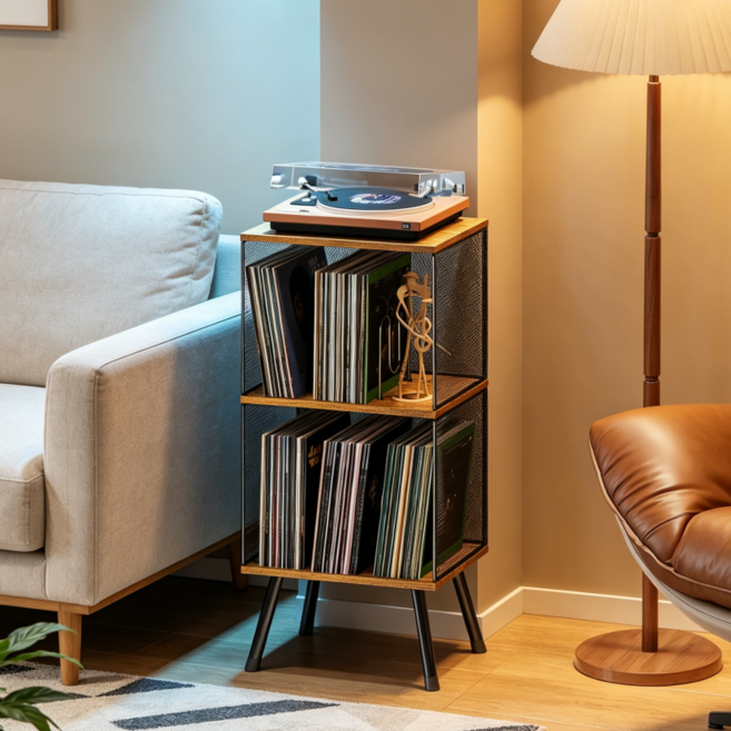 Zoomland 레코드 테이블 레코드 수납 선반 레코드 보관 랙 조절 가능 칸막이 거실 음악당 CD숍, 2단, 갈색