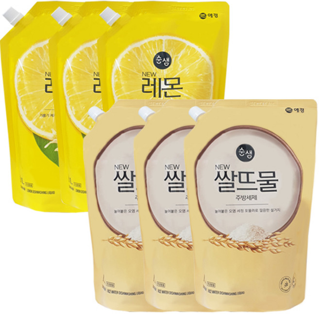 애경 순샘 주방세제 레몬 리필 1L x3 + 쌀뜨물 리필 1L x3, 6개