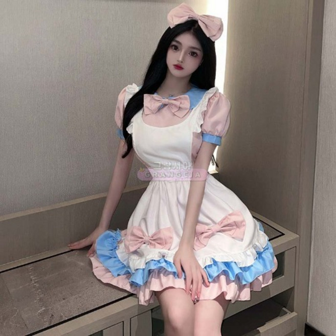 여성용 귀여운 메이드 의상 핑크 블루 파스텔 드레스 할로윈파티 코스튬 캐릭터룩 세트