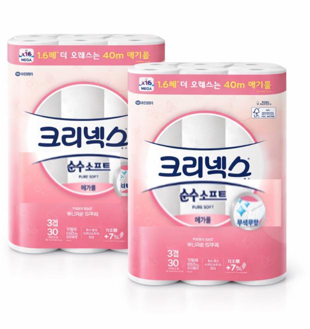 크리넥스 더 오래쓰는 3겹 무형광 두루마리 휴지 40m 30롤짜리 2팩 KN01, 30롤, 2세트