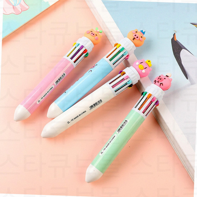 귀여운 피규어 인형 멀티펜 캐릭터 푸시펜 다용도 선물용 10색 볼펜, 돼지랜덤