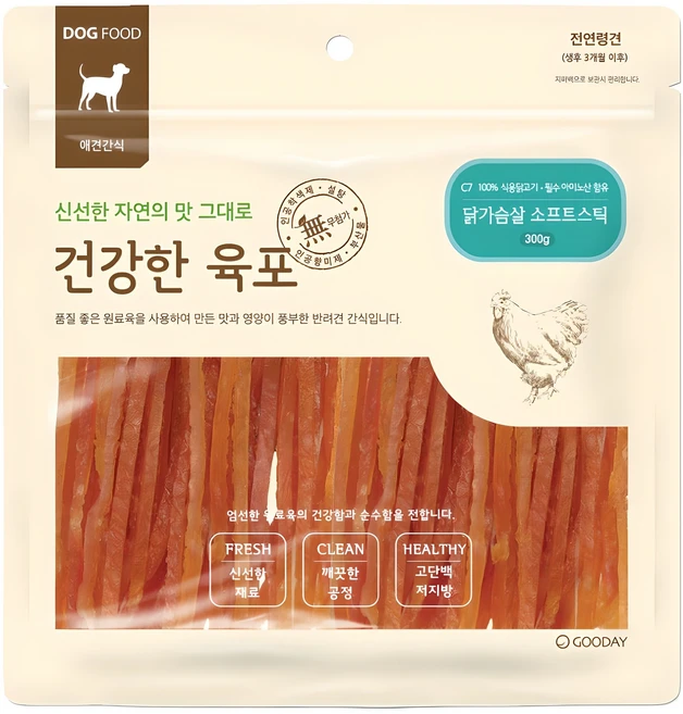 굿데이 강아지 건강한 육포, 닭가슴살 소프트스틱, 300g, 1개 - 쿠팡