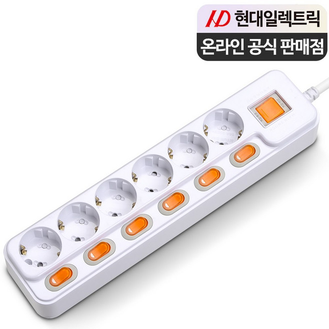 현대일렉트릭 6구 국산 과부하차단 개별스위치 멀티탭 2800W, 1개, 3m, 화이트