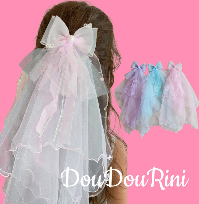 [두두리니]여아 유아 면사포 머리핀 공주 베일 집게핀 롱망사 웨딩 헤어핀 아동 생일 파티 악세사리 샤랄라 별 반짝이 망사 리본 티니핑 보석 장식 유치원행사 셀프촬영