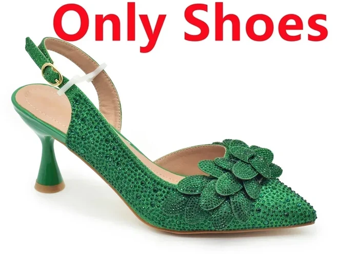 여성을위한 럭셔리 이탈리아 신발 및 가방 세트 결혼식 지적 발가락 펌프 하이힐 라인 석 파티 숙녀, 05 42, 08 A PAIR SHOES GREEN