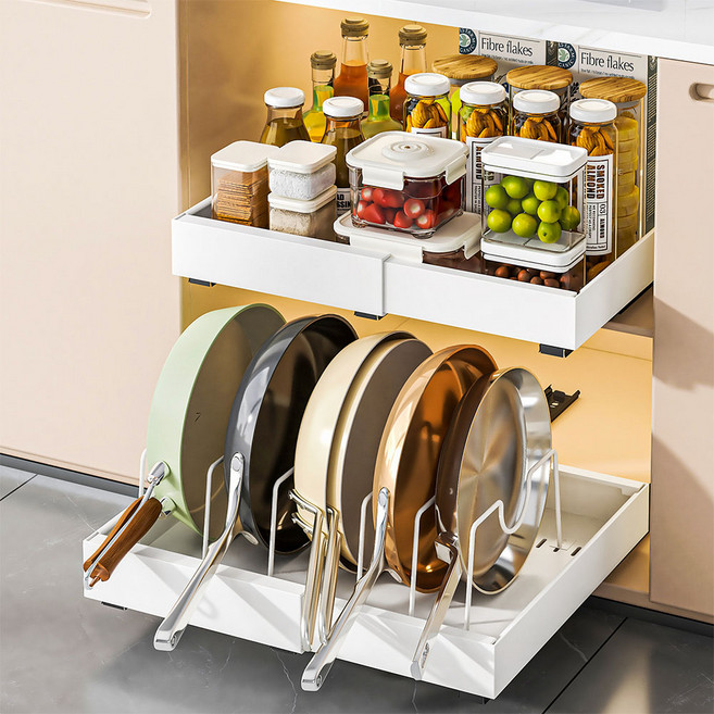 홈비 넓이조절 슬라이딩 후라이팬 랙 거치대 그릇 접시 냄비 정리대, 1개, 후라이팬랙 화이트, 1단