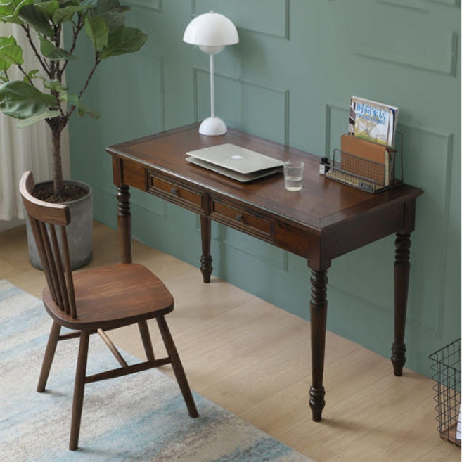 고급 엔틱책상 원목 1인용 서랍 책상 테이블 빈티지 레트로 서재, 의자 브라운