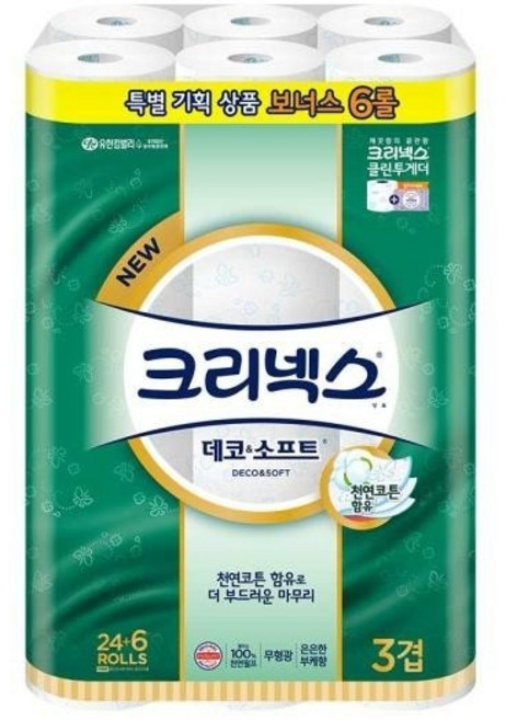 크리넥스 데코앤소프트 3겹 화장지 24+6롤 30롤 천연코튼 엠보싱 부드러운 롤휴지, 1개, 30개입