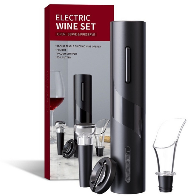 KLT 含割錫紙刀、醒酒器、真空酒塞, 黑色ABS款電動紅酒開瓶器四件組, 1個