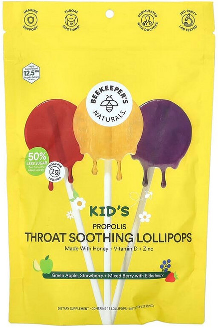 Beekeeper's Naturals 어린이용 프로폴리스 목 진정 롤리팝 청사과 딸기 + 엘더베리 함유 믹스 베리 15개입 BKN-00043, 1개, 1개