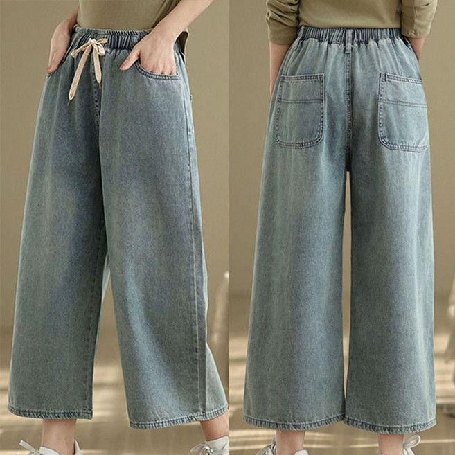 JUSTFEELING 여성용 허리 밴딩 9부 루즈핏 캐주얼 청바지 와이드핏 데일리 데님 통바지 편하게 청 슬랙스 S-5XL