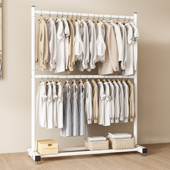 튼튼한 철제 2단 행거 대용량 스탠드 옷걸이 빨래건조대, 화이트