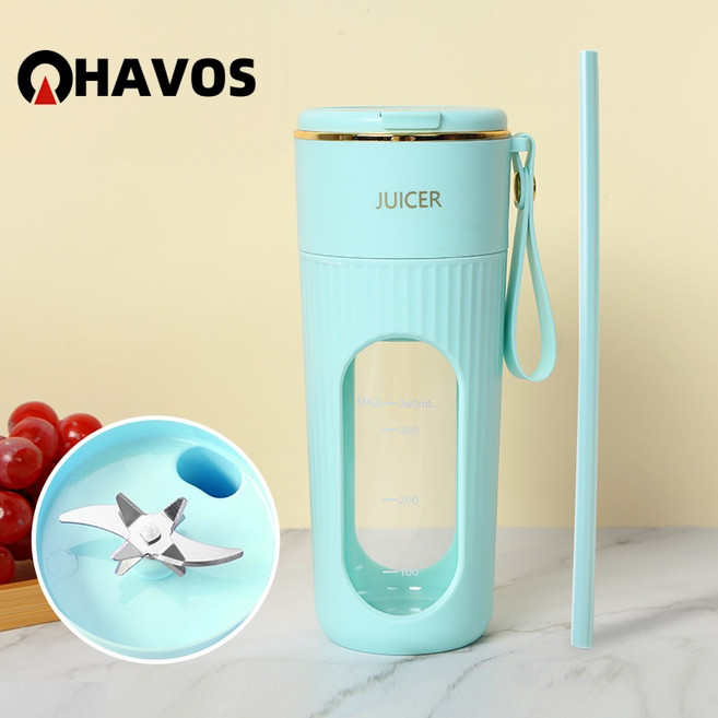 Havos 휴대용 착즙기 충전식 원터치 믹서기 원룸단독거주자용 아침간식 과일채소즙 간편분해세척, 파란색