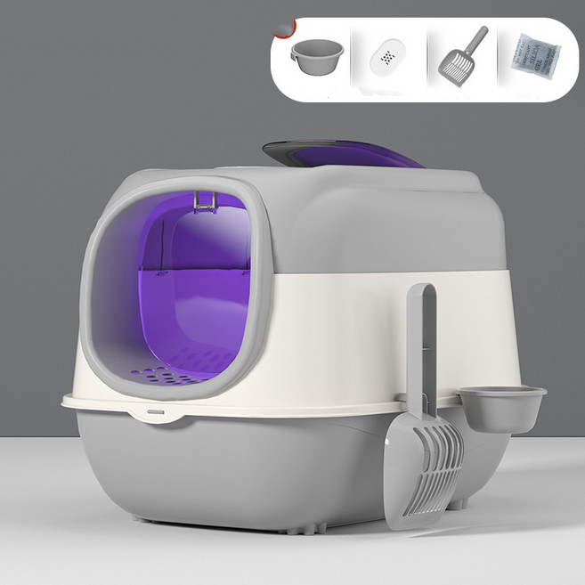 FFY 초대형 고양이 화장실+모래삽 세트 사막화방지 UV살균등 냄새제거 52CM*38CM*40CM, 1개, 그레이