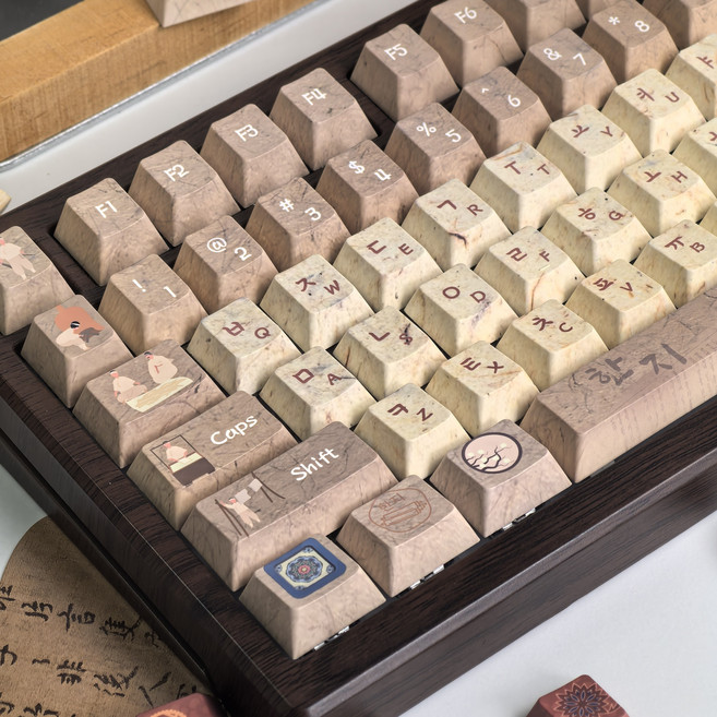 레트로 한지 테마 한국 키캡 체리 프로필 PBT 열 승화 전통 한국 종이 사용자 정의 키캡 136 키 ISO 레이아웃 한글 키보드 캡, Hanji