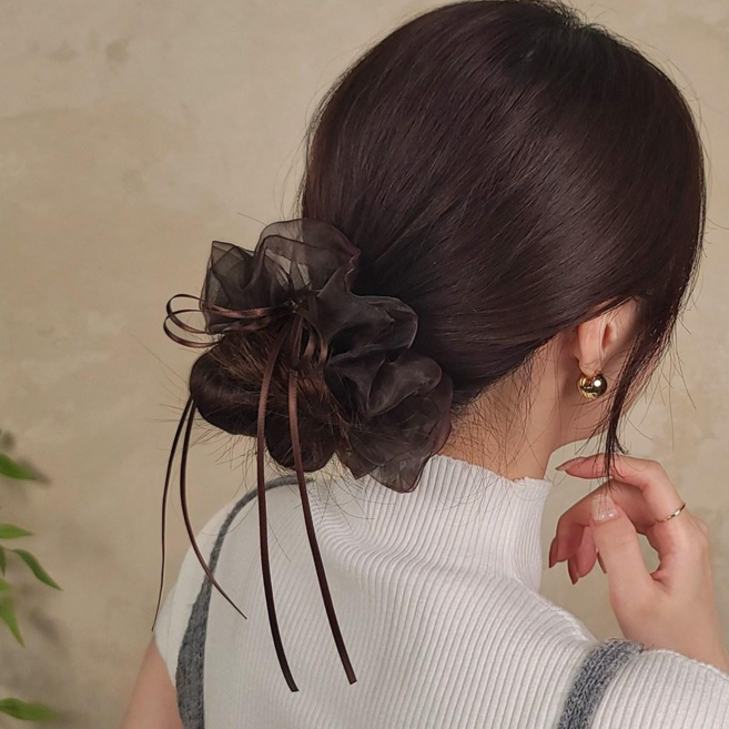 초콜리트쥬얼리 웬들 8컬러 오간자 스크런치 슬림 리본 롱드롭 풍성한 곱창 머리끈