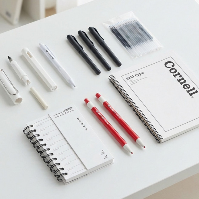 올인원 수험생 공부 화이트 집중력 선물 문구 세트 무한연필 기회펜 채점펜 영어 단어장 제로지볼 볼펜 코넬 노트 학용품, 1개, 만능문구세트