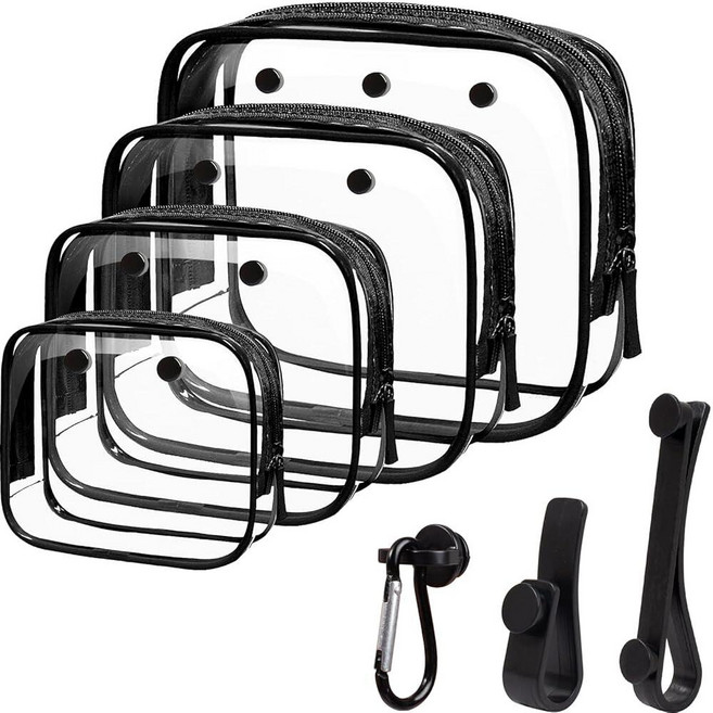 4팩 투명 세면도구 가방 지퍼가 달린 휴대용 여행용 메이크업 파우치 TSA 승인 오거나이저 보그 백 디바이더 액세서리와 호환되는 투명 파우치 백(투명 블랙) 투명 블루