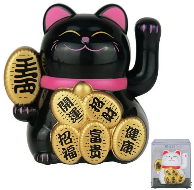 2인치 태양 광 발전 Maneki Neko 행운의 고양이 홈 오피스 자동차 장식 생일 선물 환영 손을 흔들며 부르는, 01 Black
