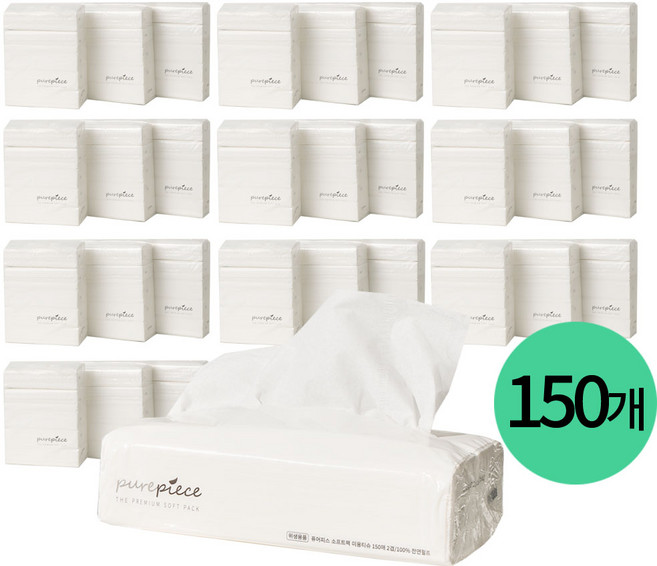 퓨어피스 먼지없는 뽑아쓰는 팝업티슈 150매입 소프트팩 미용티슈 비염티슈, 150개