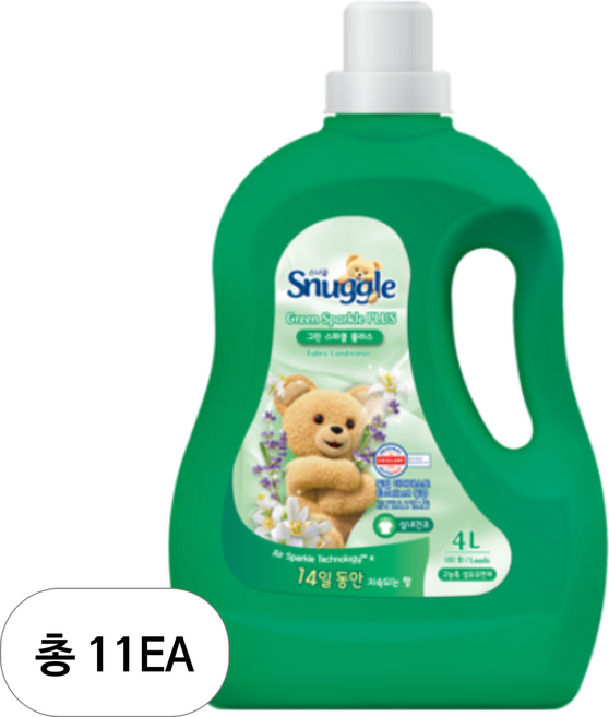 스너글 그린스파클 플러스 섬유유연제 포근향 본품, 4L, 11개