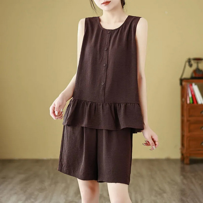 Kingfishe 여성 여름 패션 민소매 블라우스 반바지 세트 ru626DY1