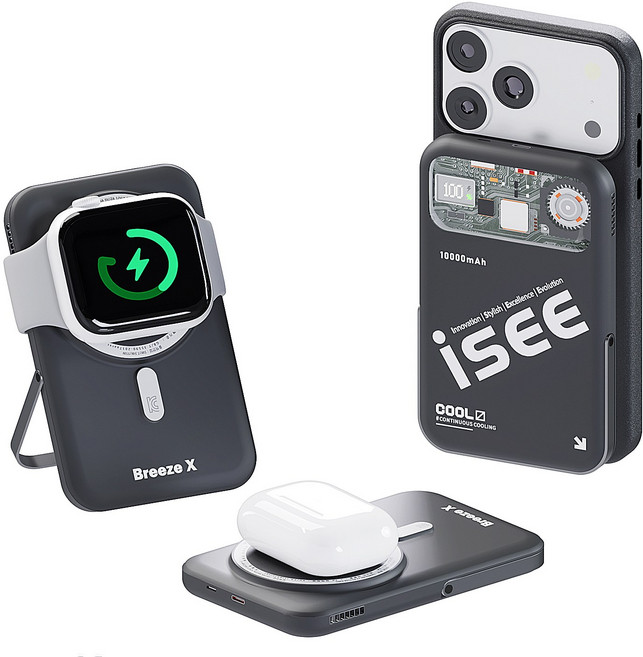 아이시(isee) 3in1 대용량 10000mAh 맥세이프 쿨링 거치대 보조배터리 브리즈X (터보 냉각팬/거치대/무선고속충전/애플워치/갤럭시 워치), Qi2블랙(애플용)