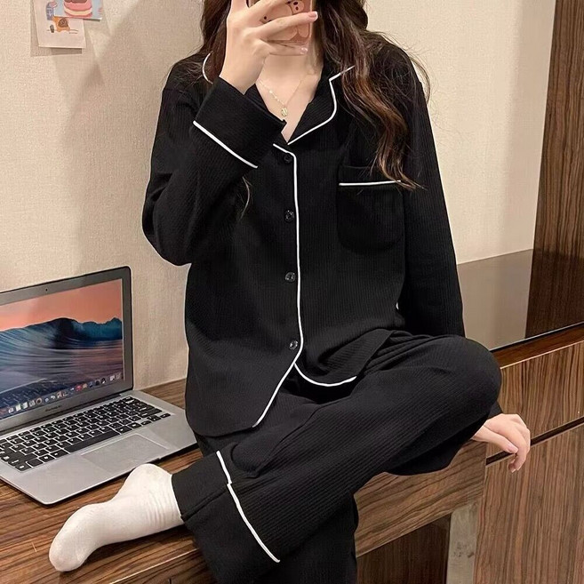 長袖睡衣套裝 韓款簡約開衫家居服兩件套