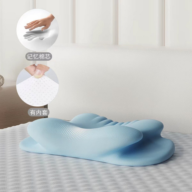 韓國熱銷 8D蝶型記憶枕 高密度記憶棉 碟型枕 蝴蝶枕 人體工學 枕頭 側睡枕 趴睡枕, 豪華款-寧靜藍【有內套】, 1個