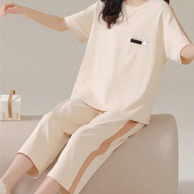 여성 라운드넥 곰돌이 체크 반팔 칠부바지 홈웨어 잠옷 세트