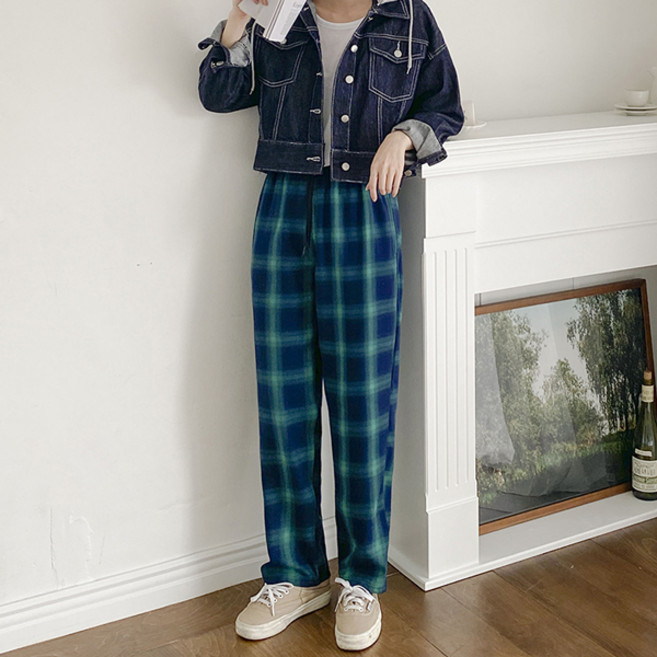 앤샵 [남녀공용/빅사이즈~2XL] 비엘 편안한 일자 와이드 타탄 체크 밴딩 바지 팬츠(2color)