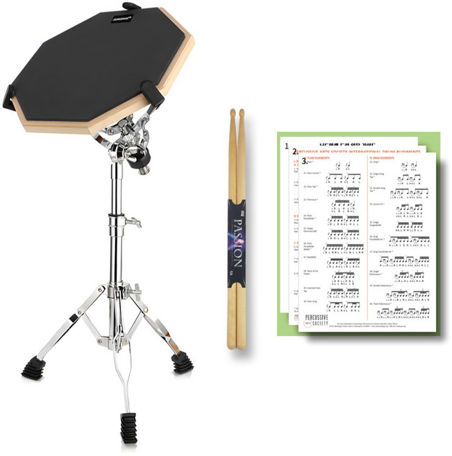 연습용 드럼패드 휴대용 드럼 12인치 + 악보 + 스틱 1조, 블랙, 1개
