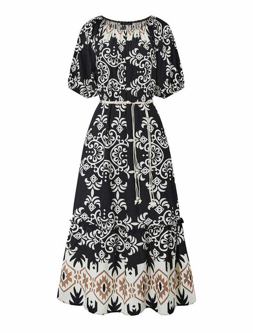 탱커스 에스닉 벨티드 패턴 반팔 롱 원피스 (TY2OP007L0)