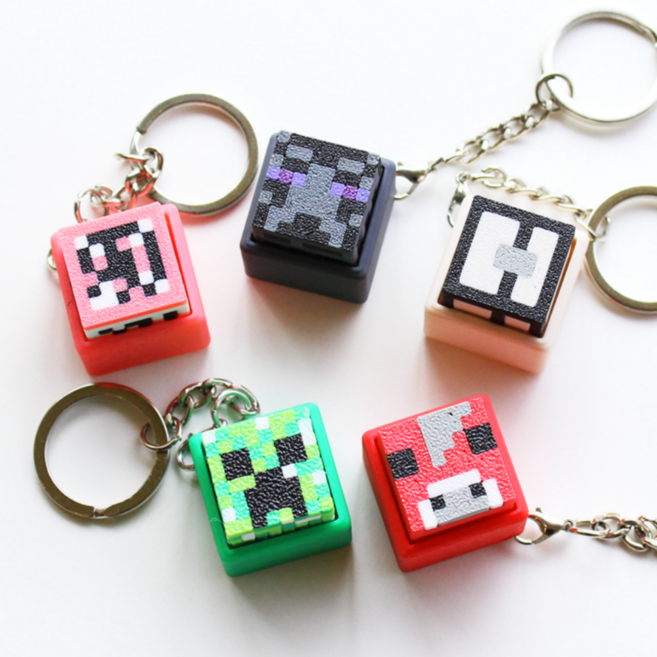 마인크래프트 키보드 키캡 키링 클릭커 픽셀 열쇠고리, 1개, 핑크