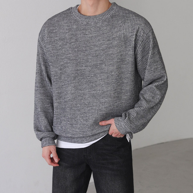 베이직바이블 남자맨투맨 오버핏 니트 골지 스판 기모 긴팔 스웨터 코디