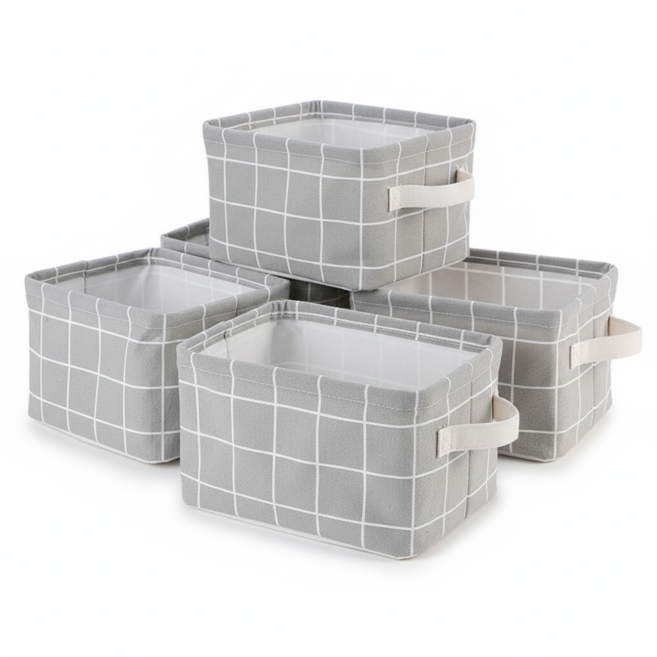 코튼과 리넨 소재의 데스크탑 수납함 상큼하고 귀여운 패브릭 수납바구니, 5개, 회색