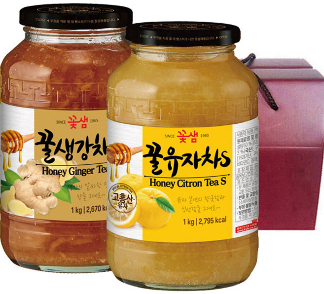꽃샘 2종 선물세트 D 유자차s 1kg+생강차s 1kg, 1세트, 꿀유자차S 1kg + 꿀생강차S 1kg