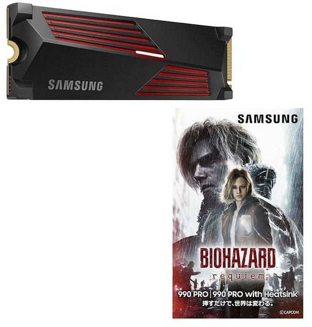 Samsung 990 PRO 히트싱크 모델 1TB 바이오하자드 레퀴엠 스티커 포함 PS5 동작 확인 완료 PCIe 4.0(최대 전송 속도 7 450MB/초) NVMe M.2 MZ-