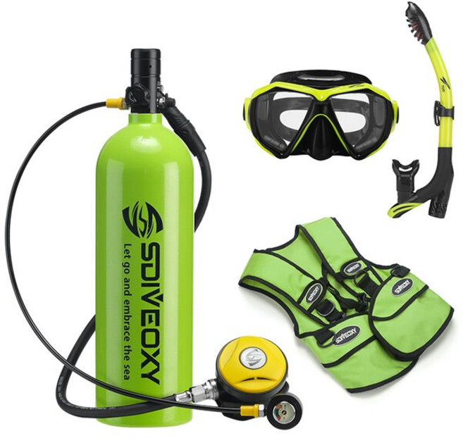 스쿠버 다이빙 장비 기어 C 세트 미니 마스크 어댑터 실린더 산소 병 수중 스노클링 2L, 03 SD800 C-Green